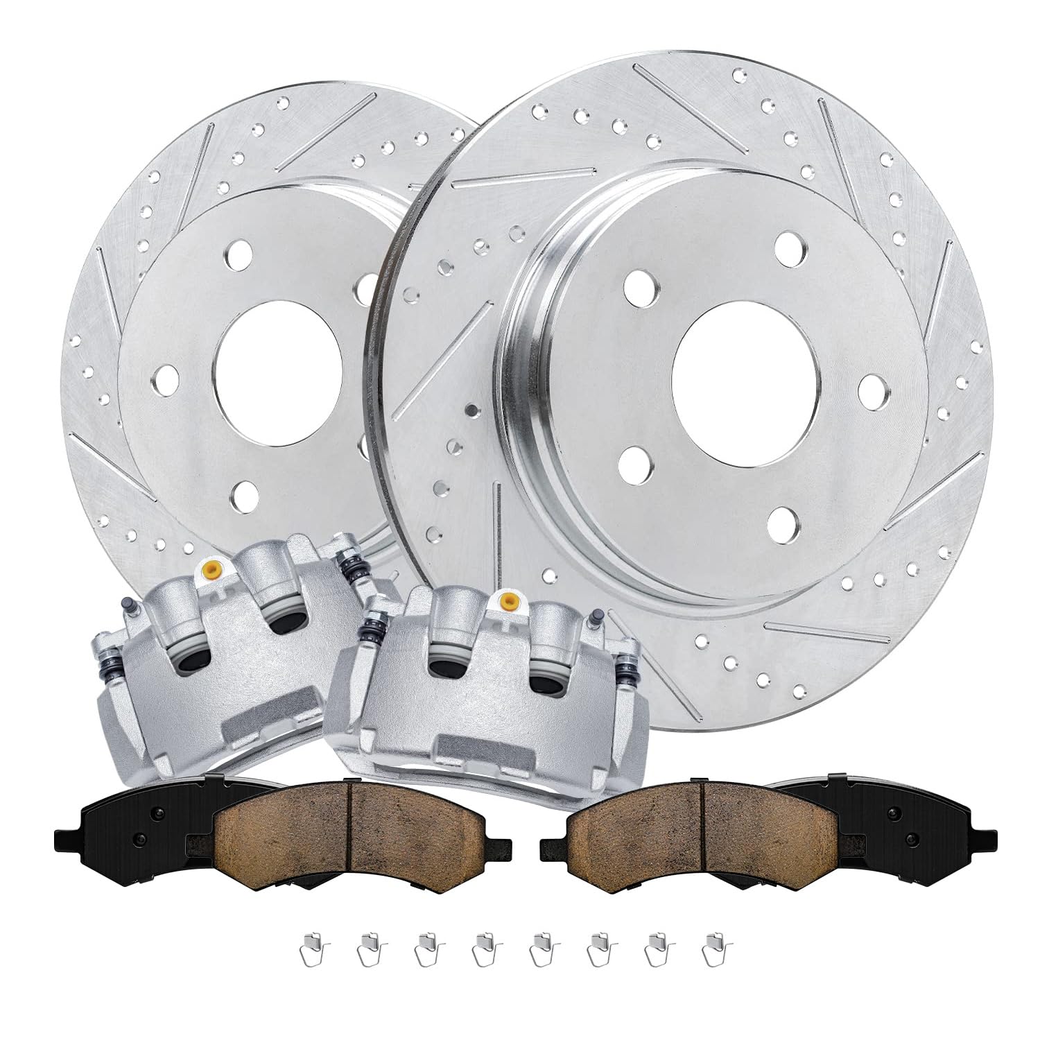6pc Front Drilled Slotted Rotors Ceramic Brake Pads and Calipers Kit
