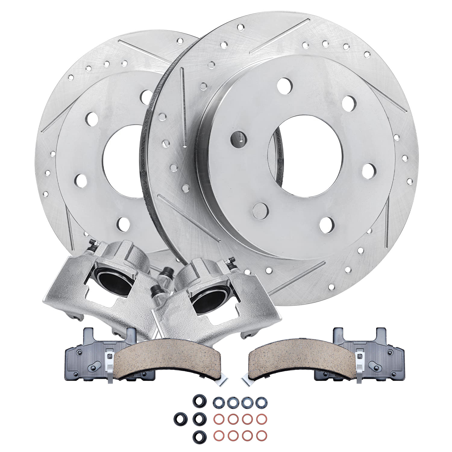 6pc Front Drilled Slotted Rotors Calipers Ceramic Brake Pads Kit