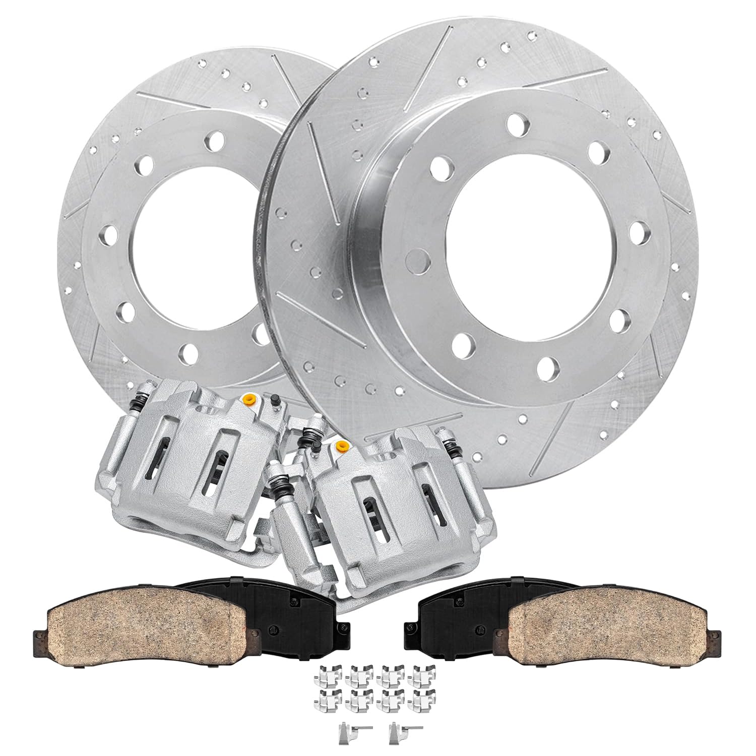 6pc Front Drilled Slotted Rotors Calipers Ceramic Brake Pads Kit