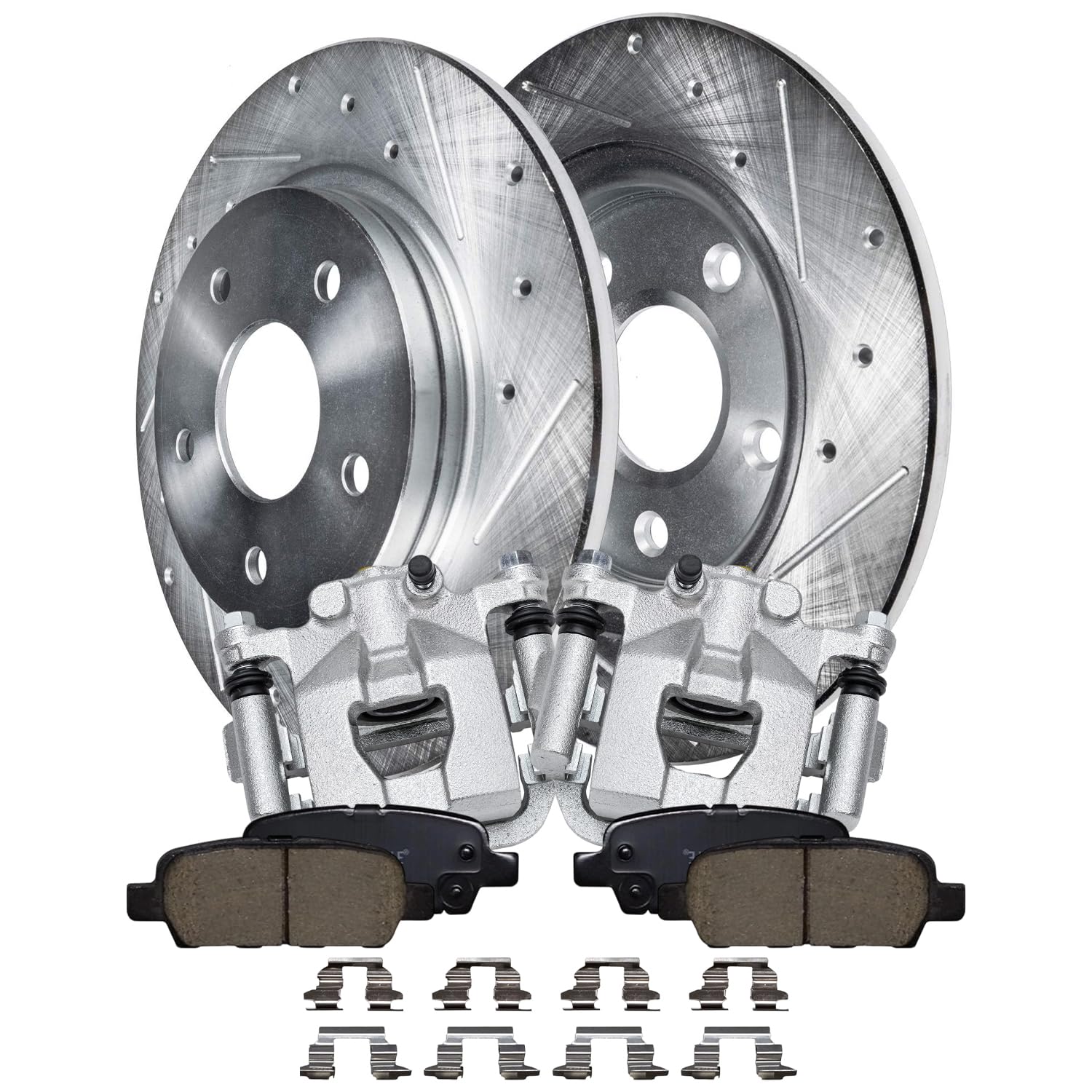 6pc Rear Drilled Slotted Rotors Calipers Ceramic Brake Pads Kit