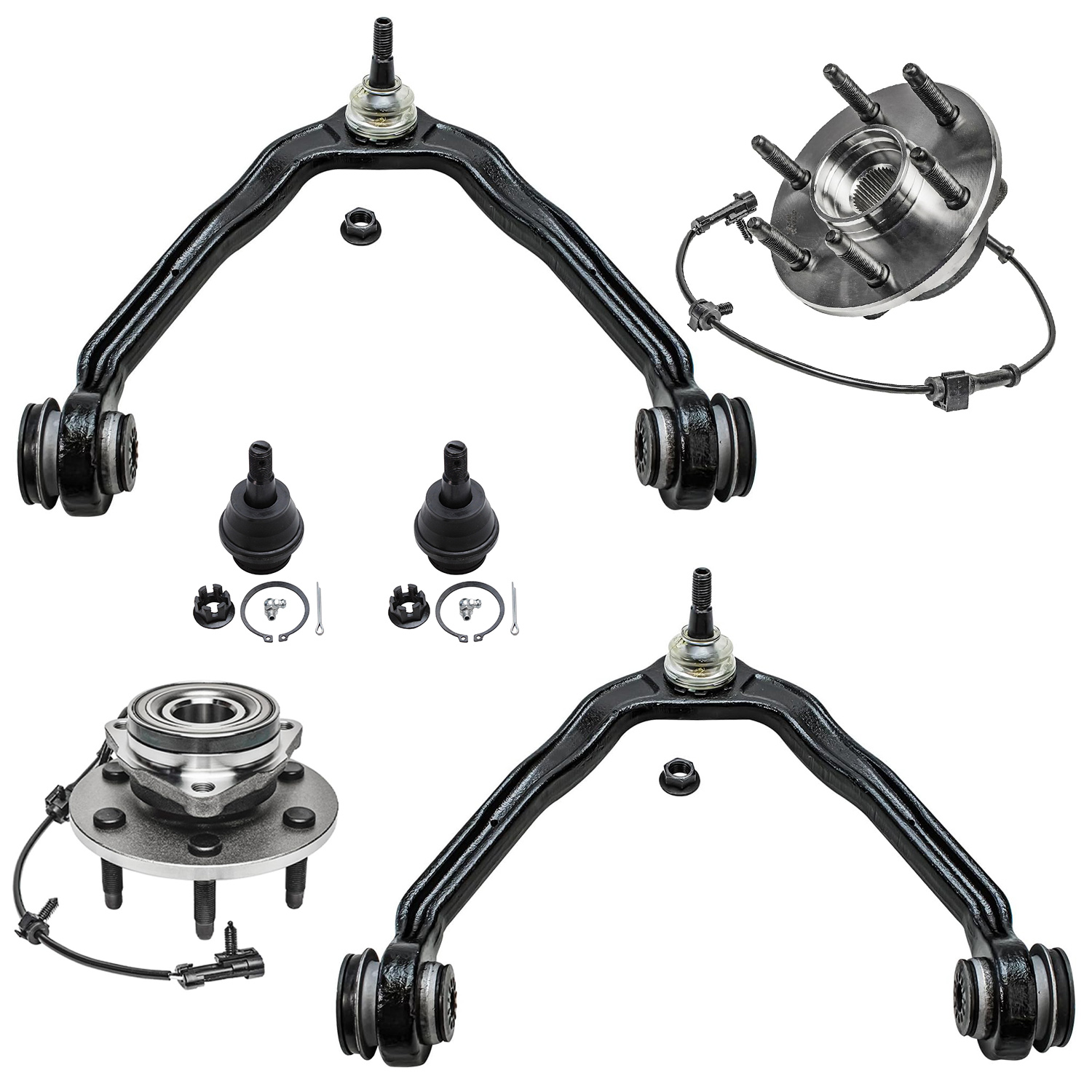 6pc Front Wheel Hub and Bearings Upper Control Arms Suspension Kit