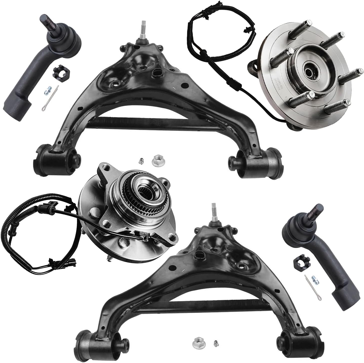 6pc Front Lower Control Arms Wheel Hub and Bearings Tie Rods Suspension Kit