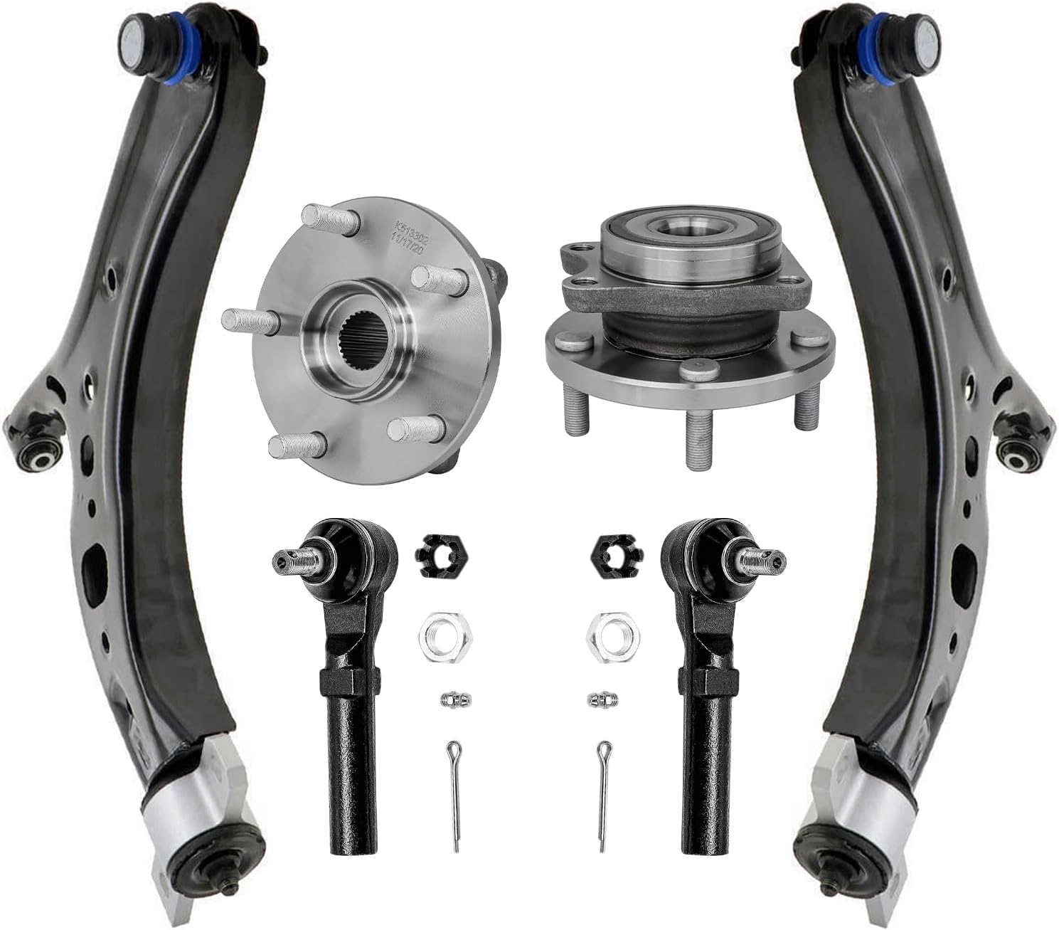 6pc Front Lower Control Arms Wheel Hub and Bearings Tie Rods Suspension Kit