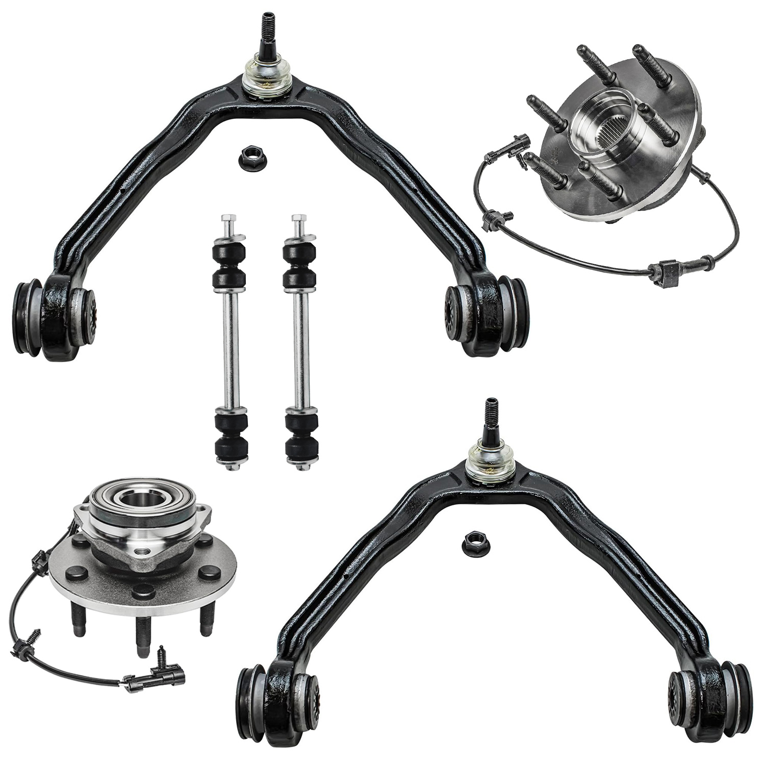 6pc Front Upper Control Arms Wheel Hub Bearings Sway Bar Links Suspension Kit
