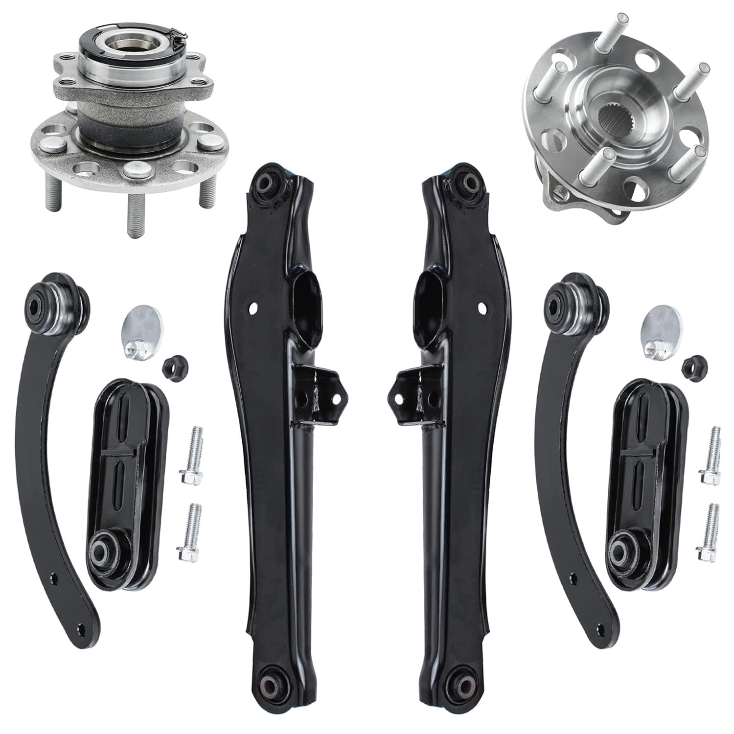 6pc Rear Upper Lower Control Arms Wheel Hub and Bearings Suspension Kit