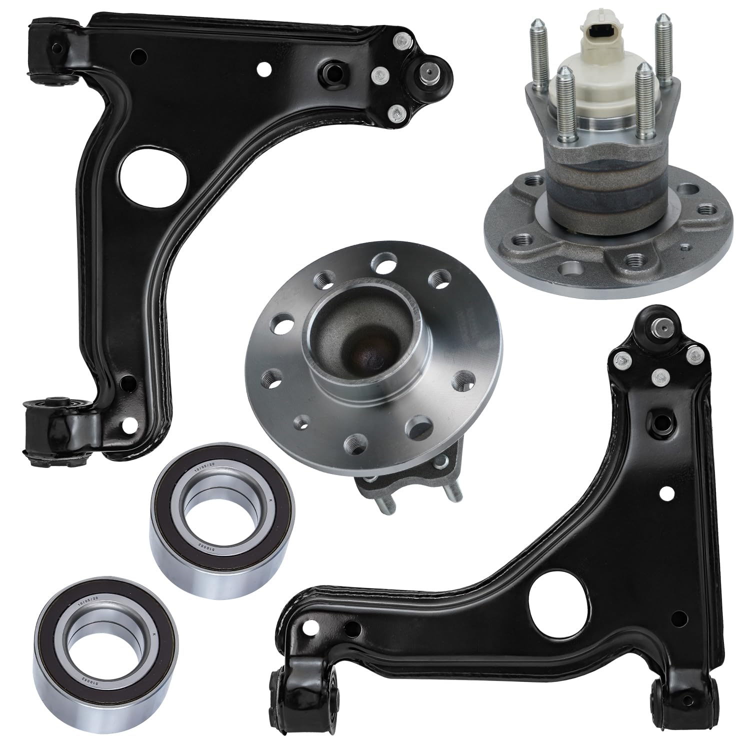 6pc Front Wheel Bearings Rear Wheel Hub and Bearings Control Arms Suspension Kit