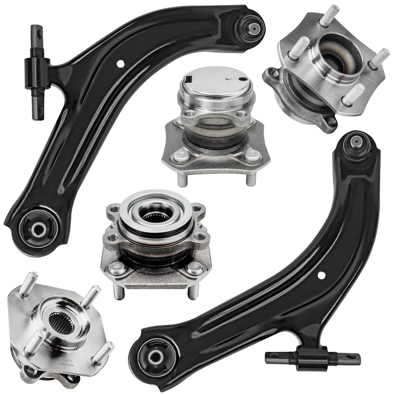 6pc Front & Rear Wheel Hub and Bearings Lower Control Arms Suspension Kit