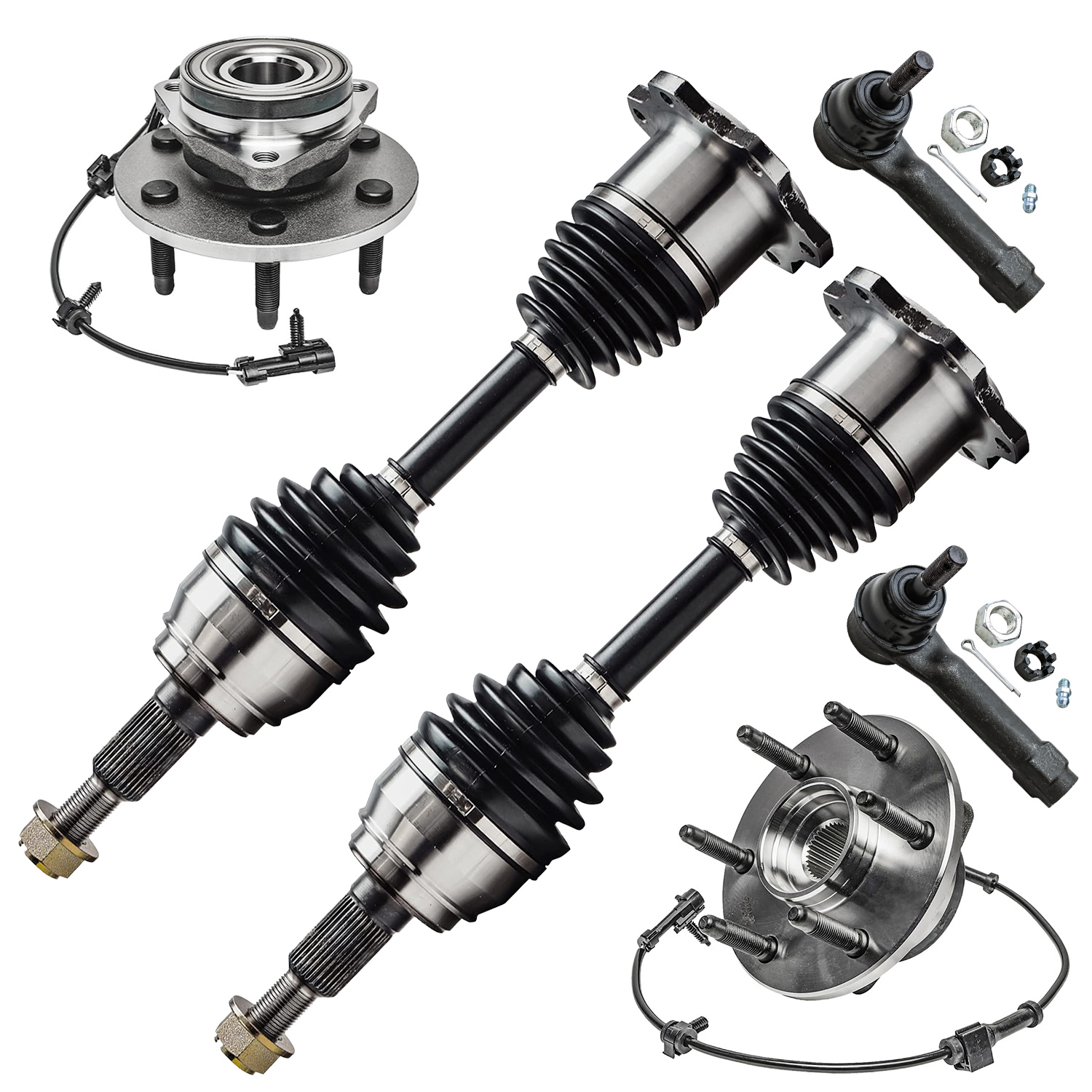 6pc Front CV Axles Wheel Hub and Bearings Outer Tie Rods Suspension Kit