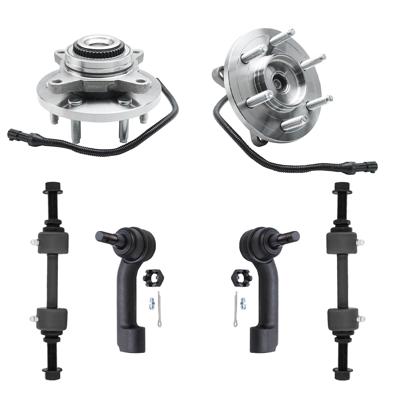 6pc Front Wheel Hub and Bearings Outer Tie Rods Sway Bar Links Suspension Kit