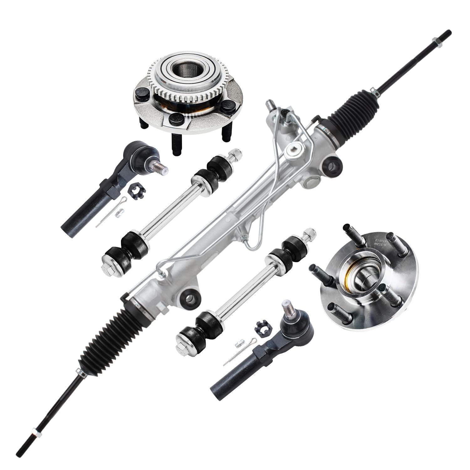 7pc Front Power Steering Rack and Pinion Outer Tie Rods Suspension Kit