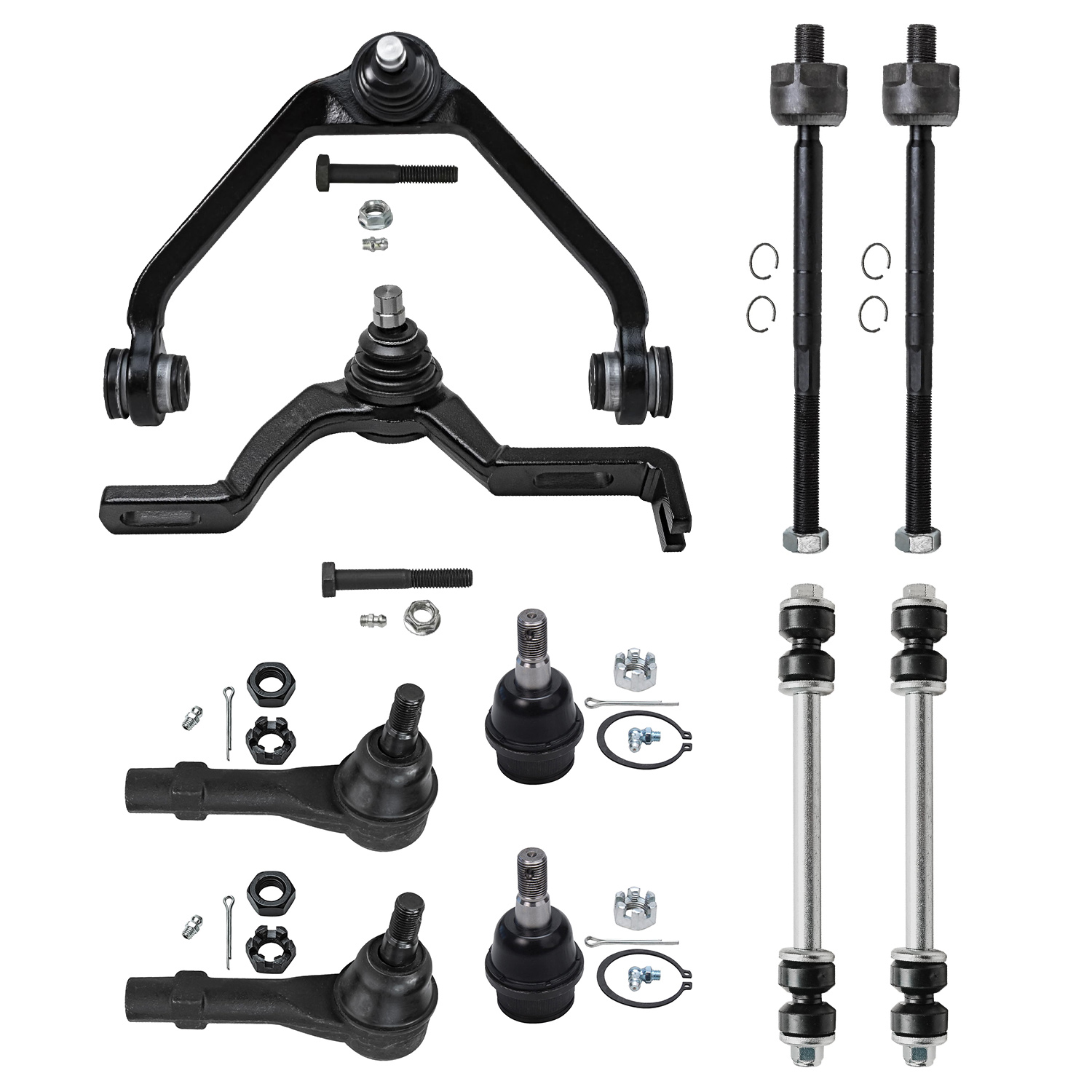 10pc Front Upper Control Arms Ball Joints Sway Bar Links Tie Rods Suspension Kit