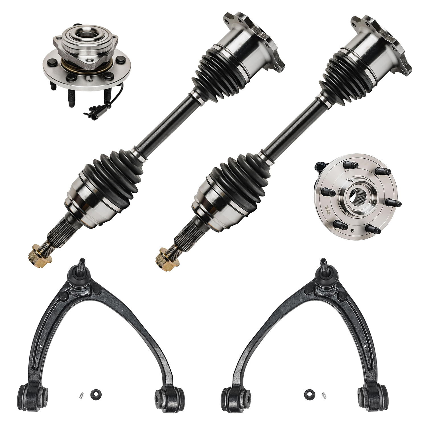 6pc Front CV Axles Wheel Hub and Bearings Upper Control Arms Suspension Kit