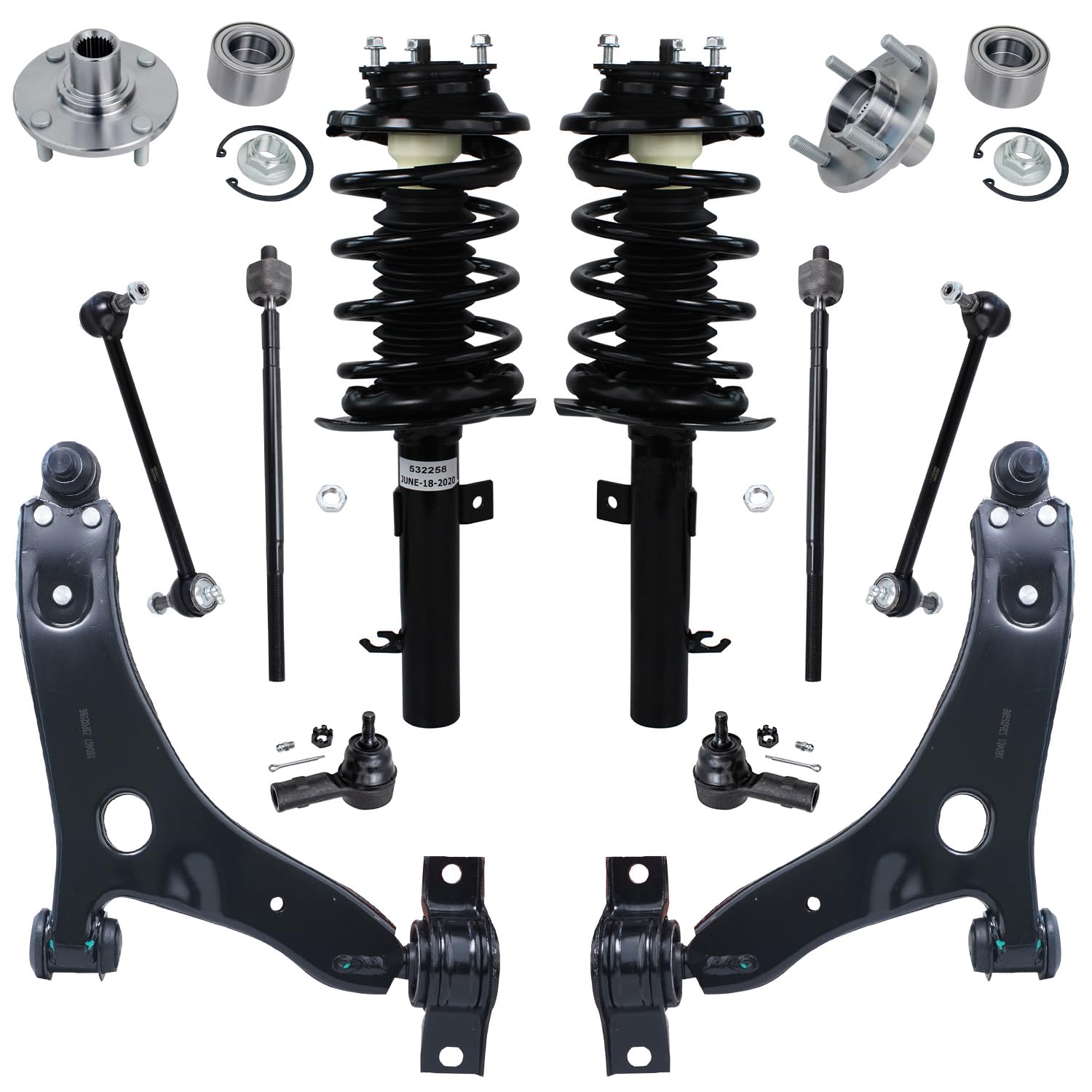 12pc Front Struts Lower Control Arms Wheel Hub and Bearings Suspension Kit
