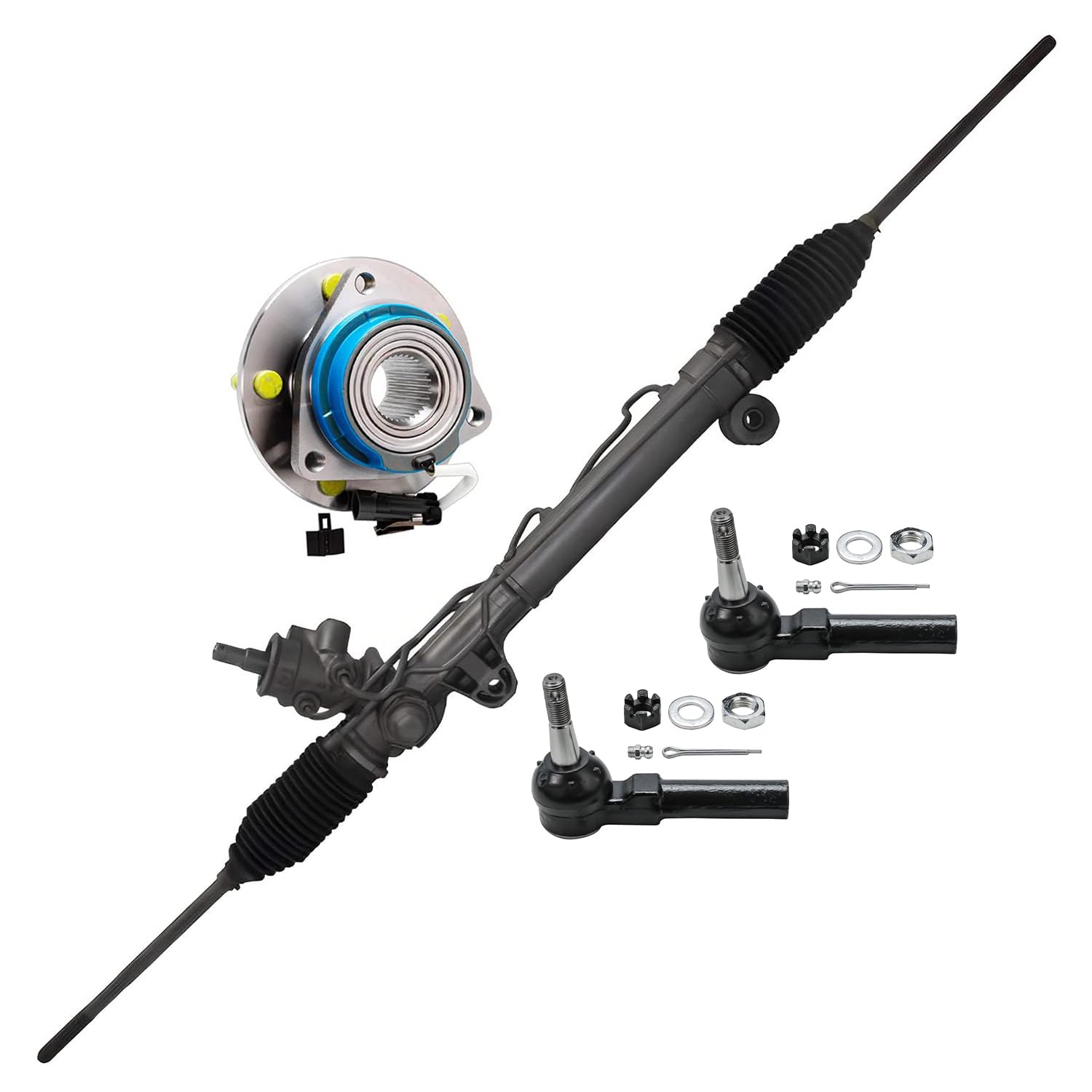 4pc Front Power Steering Rack and Pinion Wheel Hub and Bearing Suspension Kit