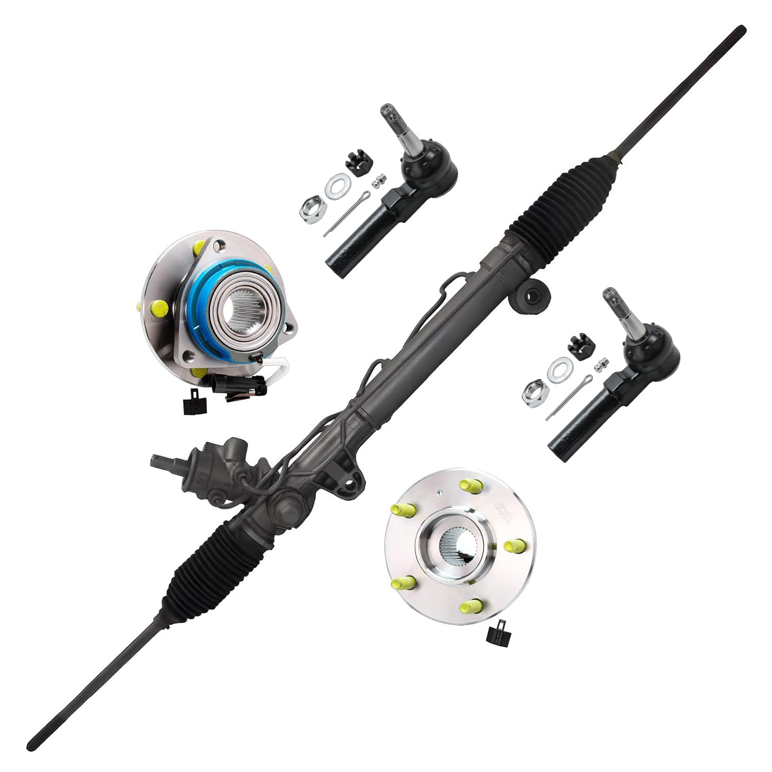 5pc Front Power Steering Rack and Pinion Wheel Hub and Bearings Suspension Kit