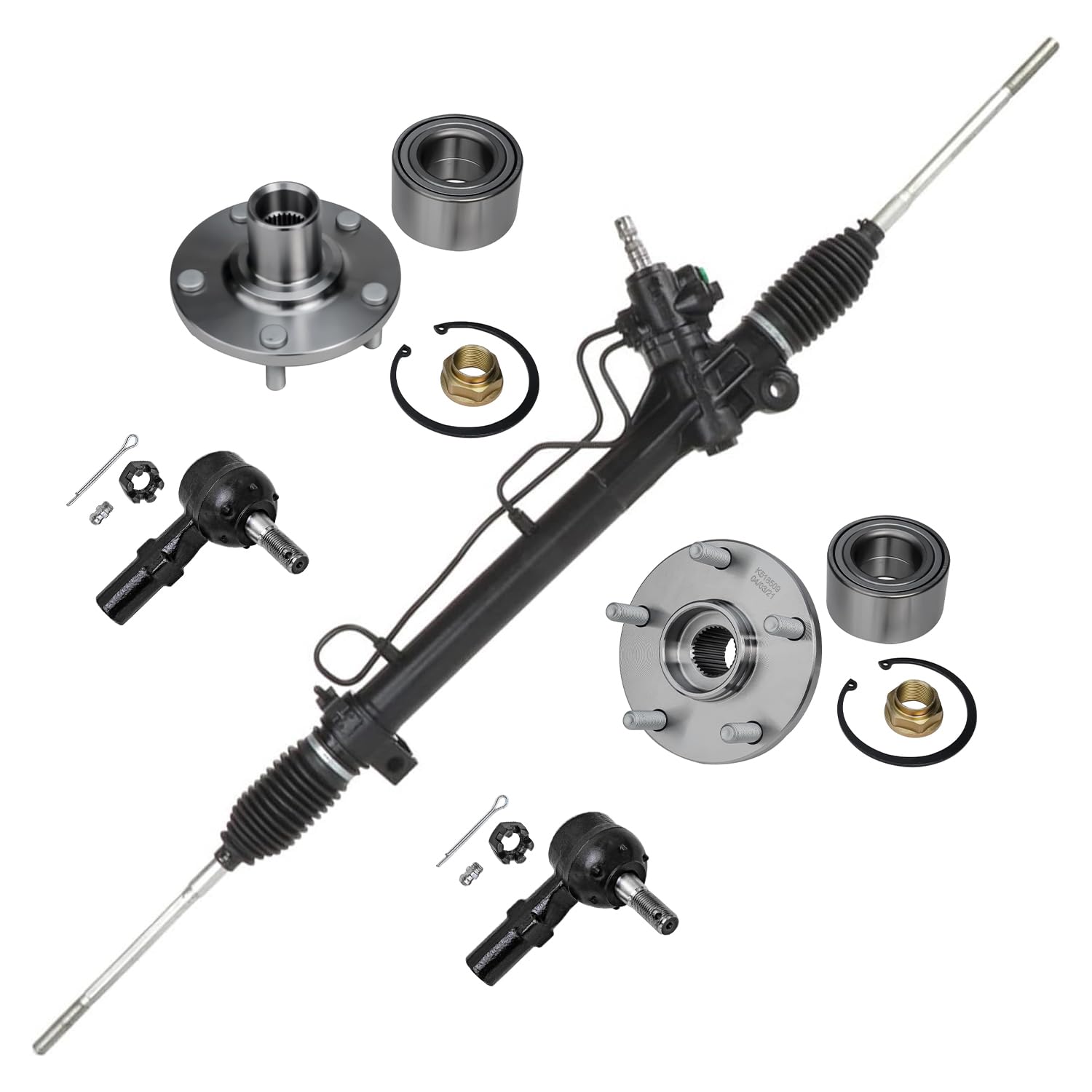5pc Front Power Steering Rack and Pinion Wheel Hub and Bearings Suspension Kit