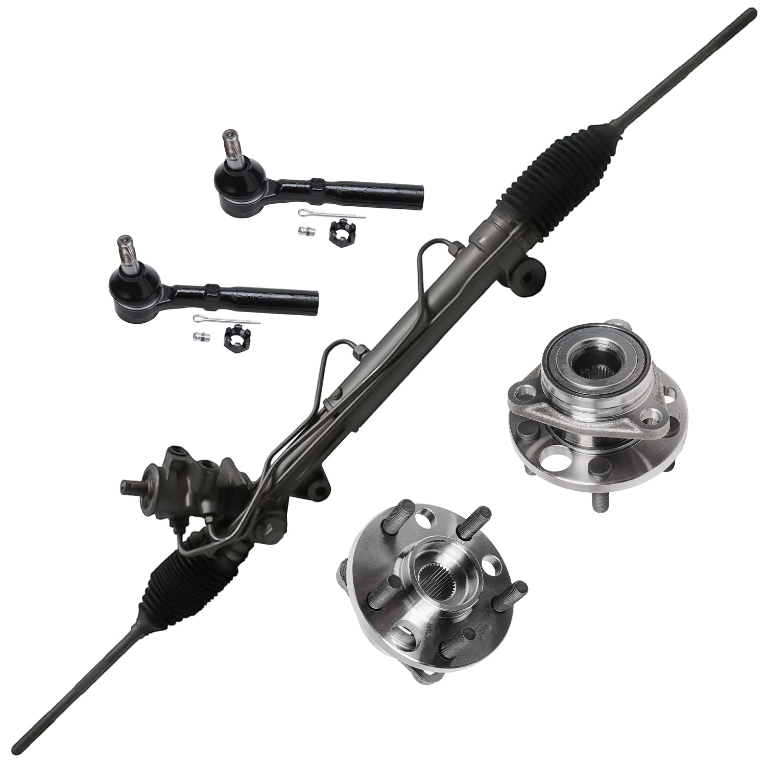 5pc Power Steering Rack and Pinion Wheel Hub and Bearings Suspension Kit