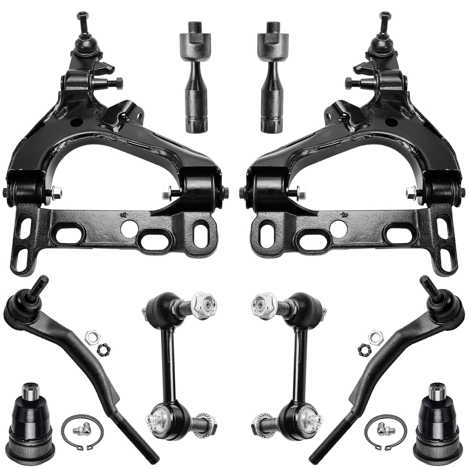 10pc Front Lower Control Arms Ball Joints Tie Rods Sway Bar Links Suspension Kit