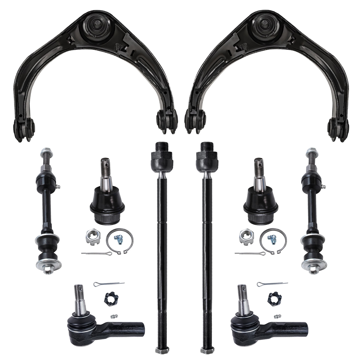 10pc Front Upper Control Arms Ball Joints Sway Bar Links Tie Rods Suspension Kit