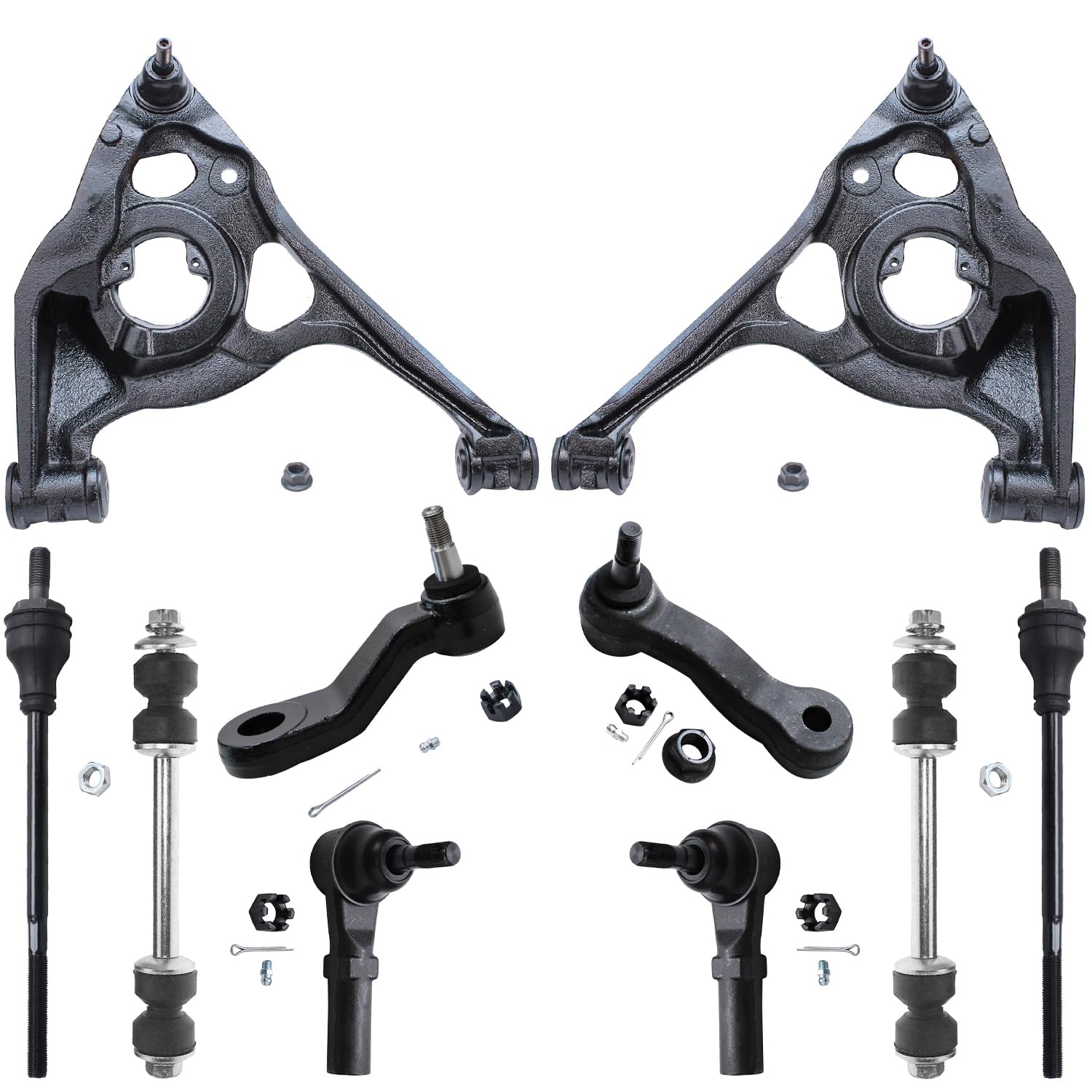 10pc Front Lower Control Arms Tie Rods Sway Bar Links Pitman Arm Suspension Kit