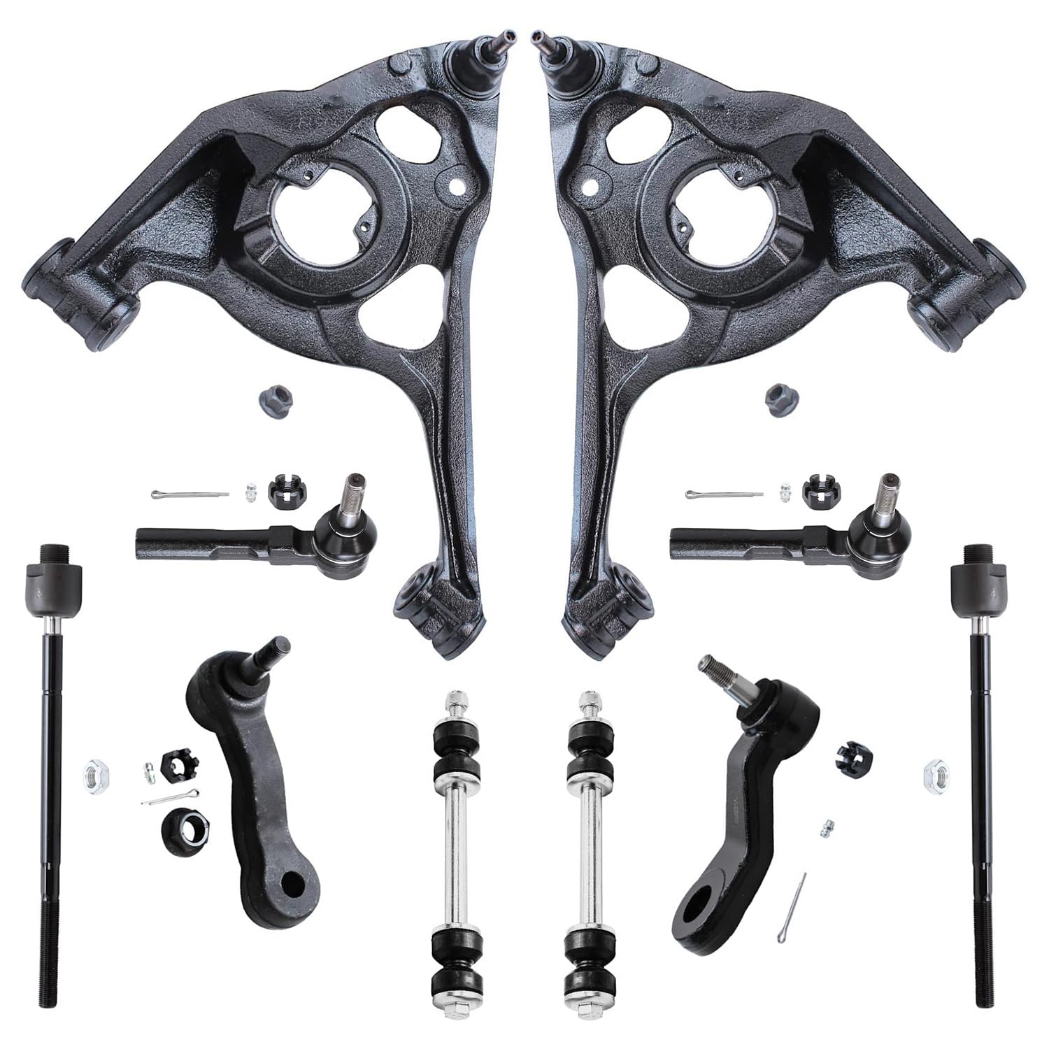 10pc Front Lower Control Arms Tie Rods Sway Bar Links Pitman Arm Suspension Kit
