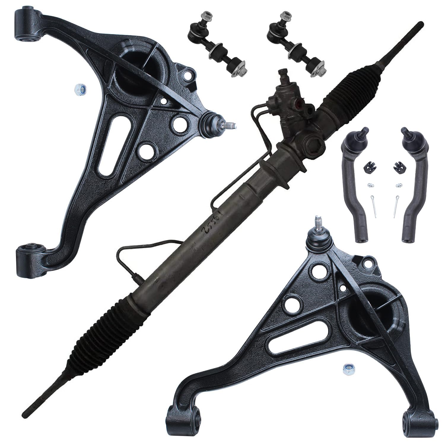 7pc Front Power Steering Rack and Pinion Control Arms Tie Rods Suspension Kit