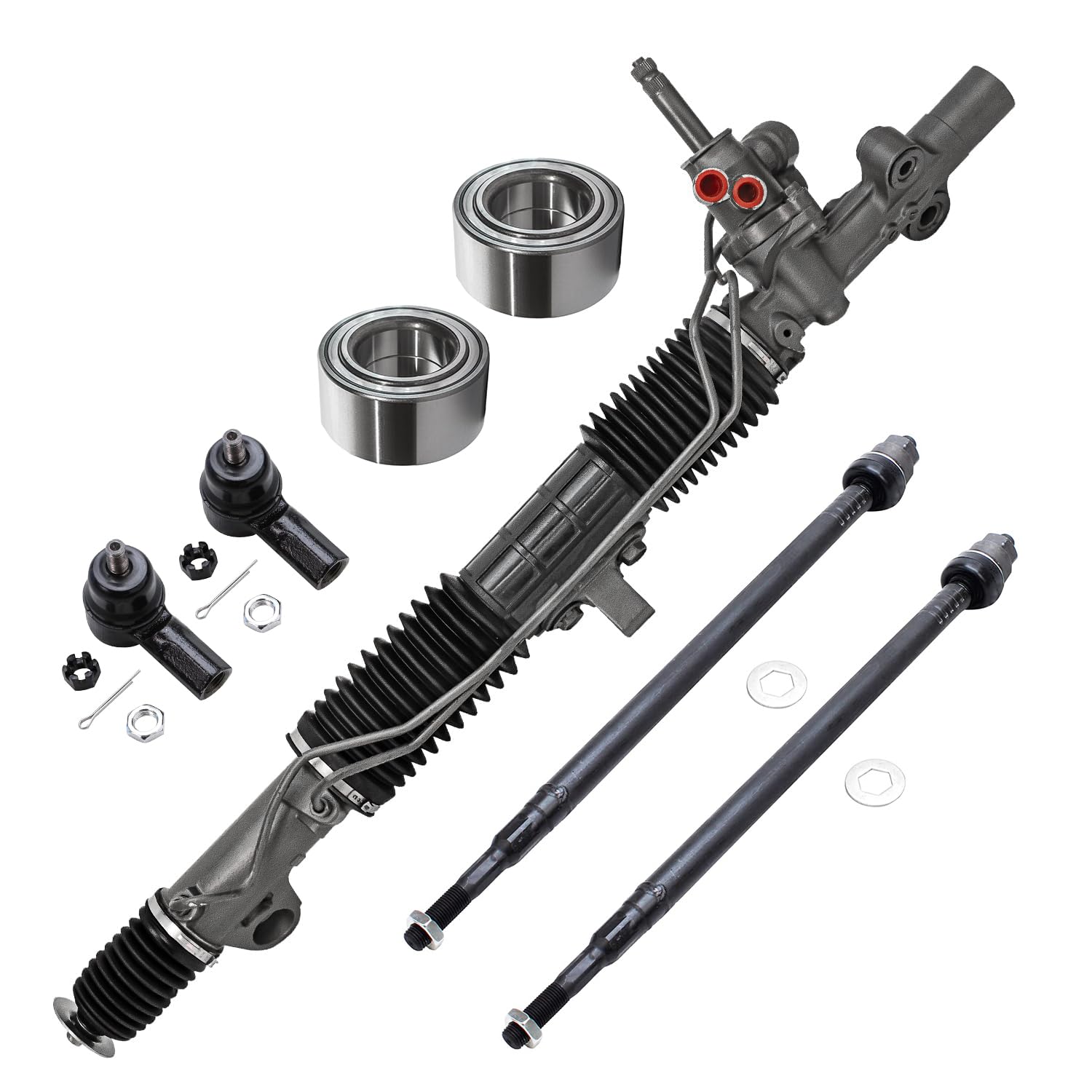 7pc Front Power Steering Rack and Pinion Wheel Bearings Tie Rods Suspension Kit