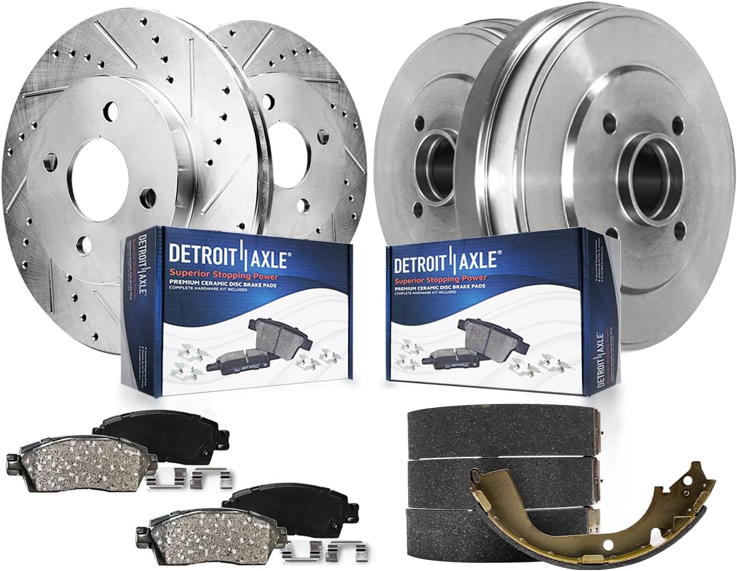 8pc Front Drilled Slotted Rotors Ceramic Brake Pads Rear Drums Brake Shoes Kit