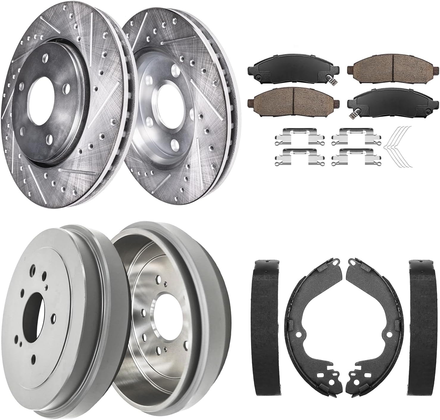 8pc Front Drilled Slotted Rotors Ceramic Brake Pads Rear Drums Brake Shoes Kit