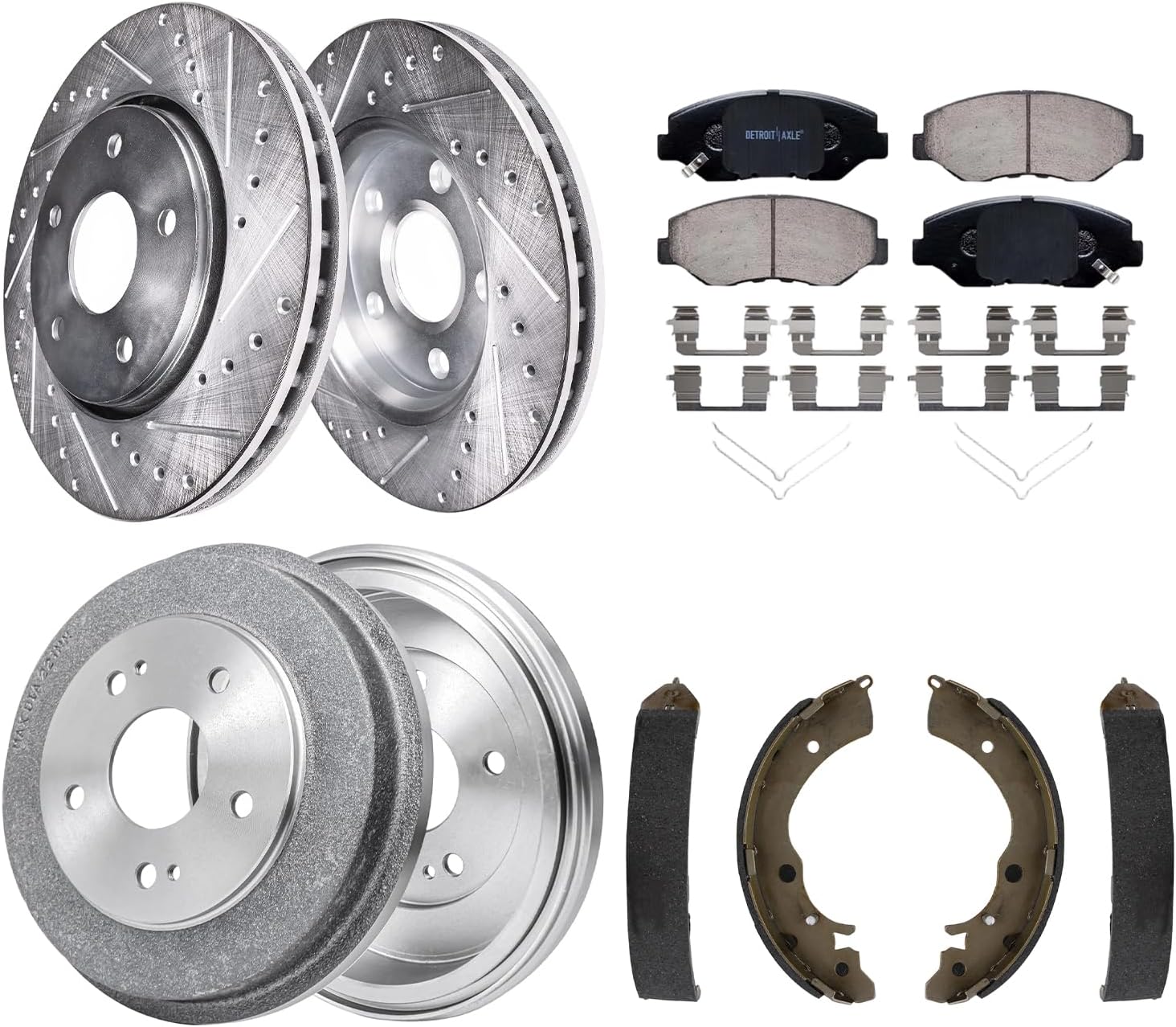8pc Front Drilled Slotted Rotors Ceramic Brake Pads Rear Drums Brake Shoes Kit