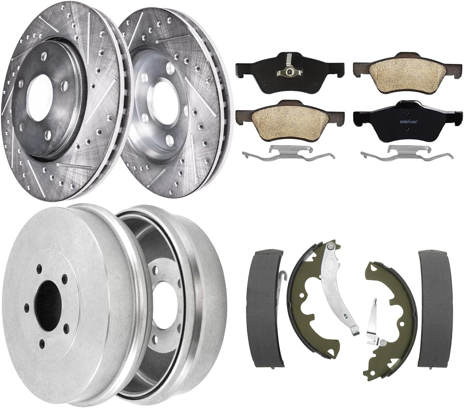 8pc Front Drilled Slotted Rotors Ceramic Brake Pads Rear Drums Brake Shoes Kit