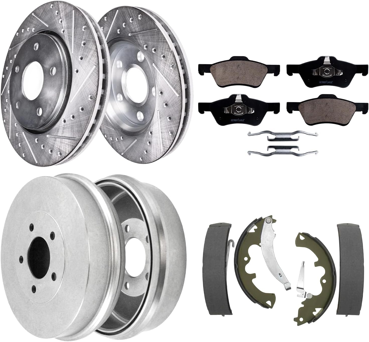 8pc Front Drilled Slotted Rotors Ceramic Brake Pads Rear Drums Brake Shoes Kit