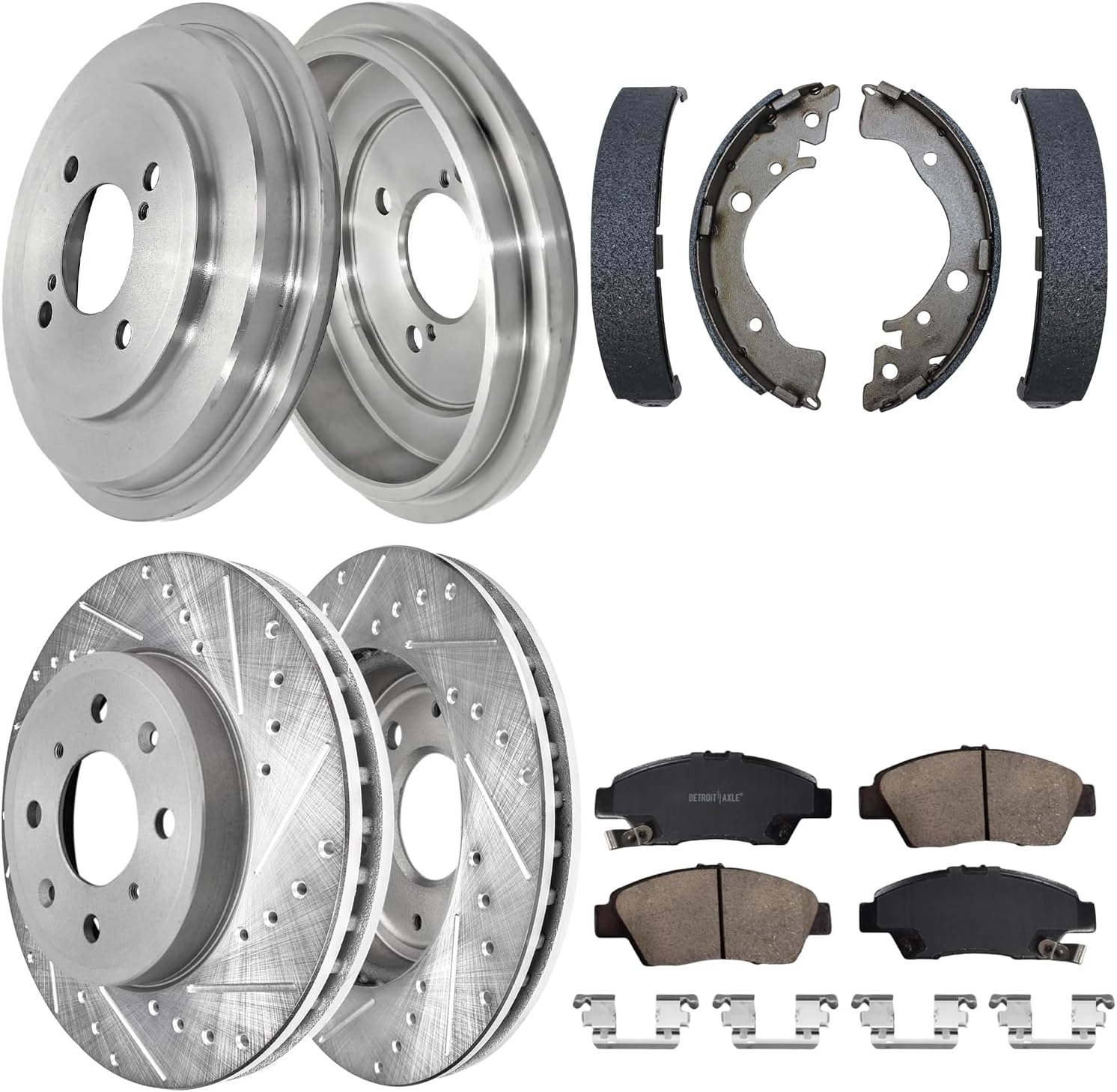 8pc Front Drilled Slotted Rotors Ceramic Brake Pads Rear Drums Brake Shoes Kit