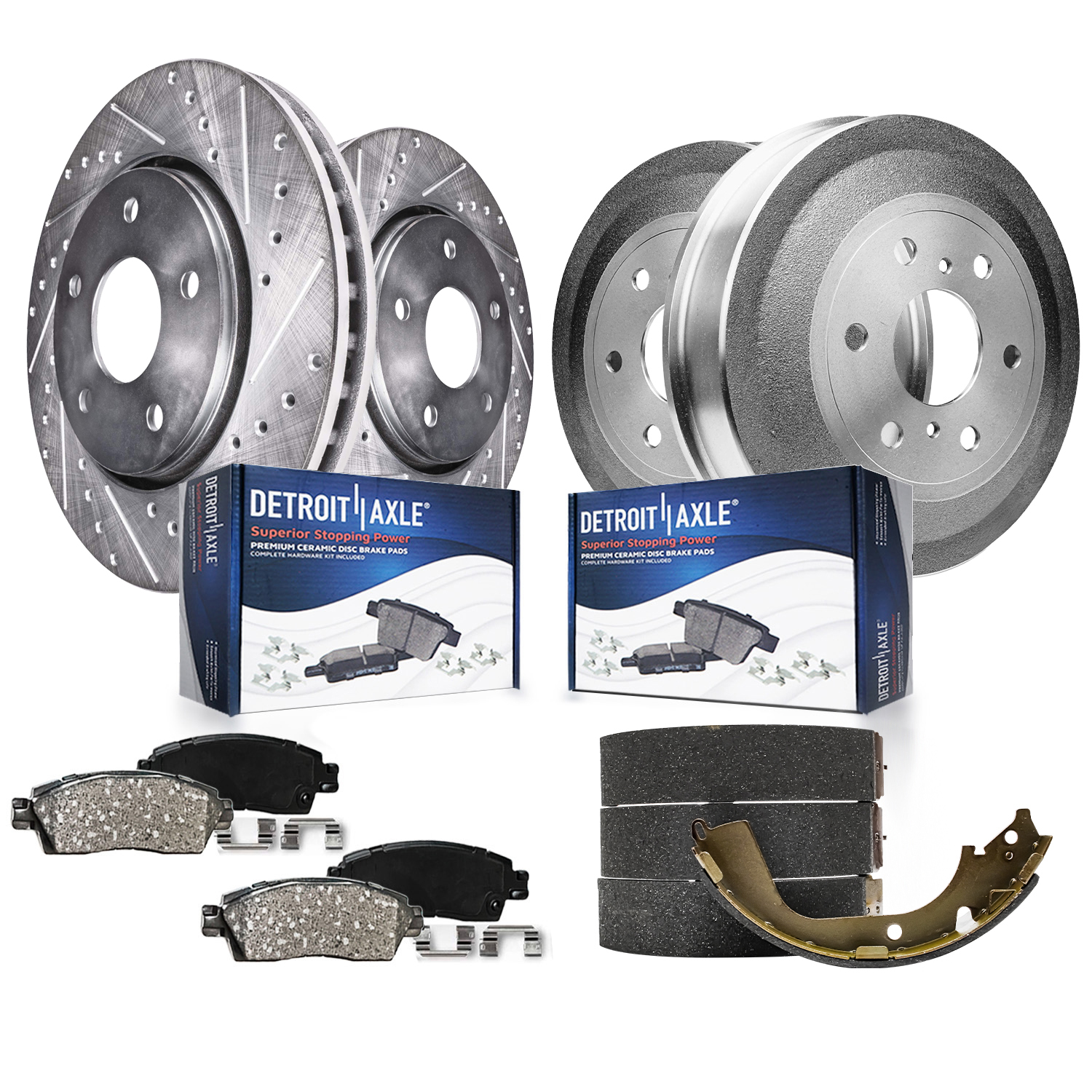 8pc Front Drilled Slotted Rotors Ceramic Brake Pads Rear Drums Brake Shoes Kit