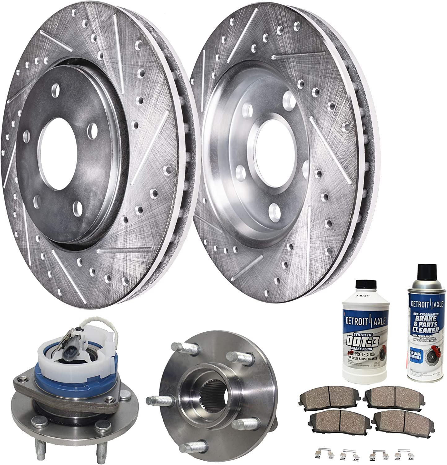 Detroit Axle Brake Kit: Front & Rear Drilled Rotors + Ceramic Pads + Wheel Hub Bearings For Jeep Liberty 03-07