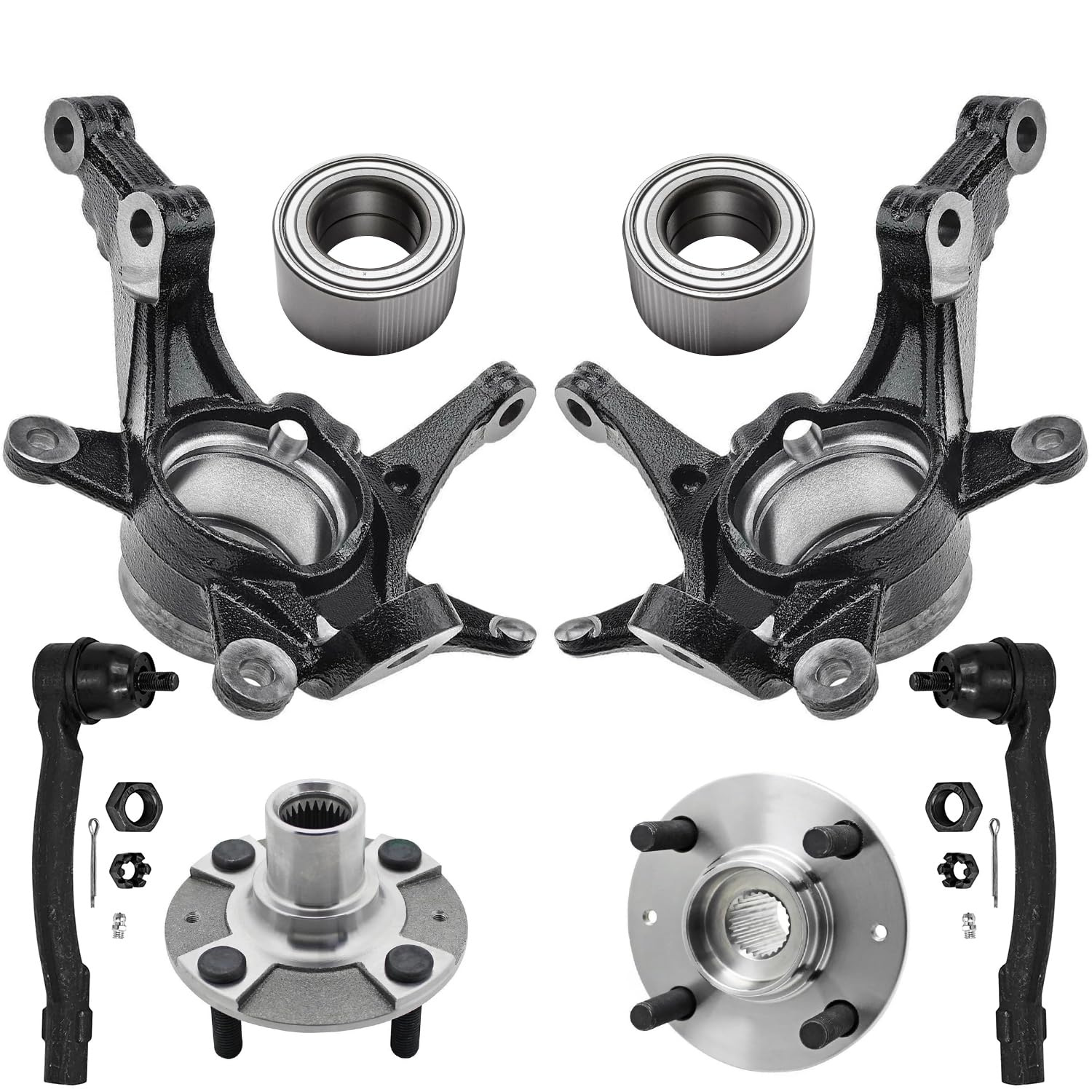 8pc Front Steering Knuckles Wheel Hub and Bearings Outer Tie Rods Suspension Kit