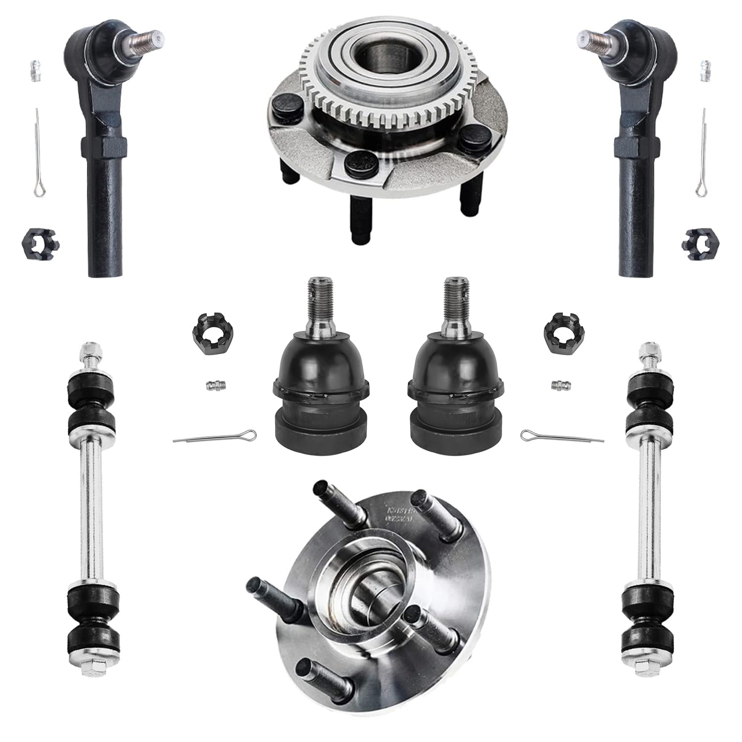 8pc Front Wheel Hub and Bearings Sway Bar Links Tie Rods Suspension Kit