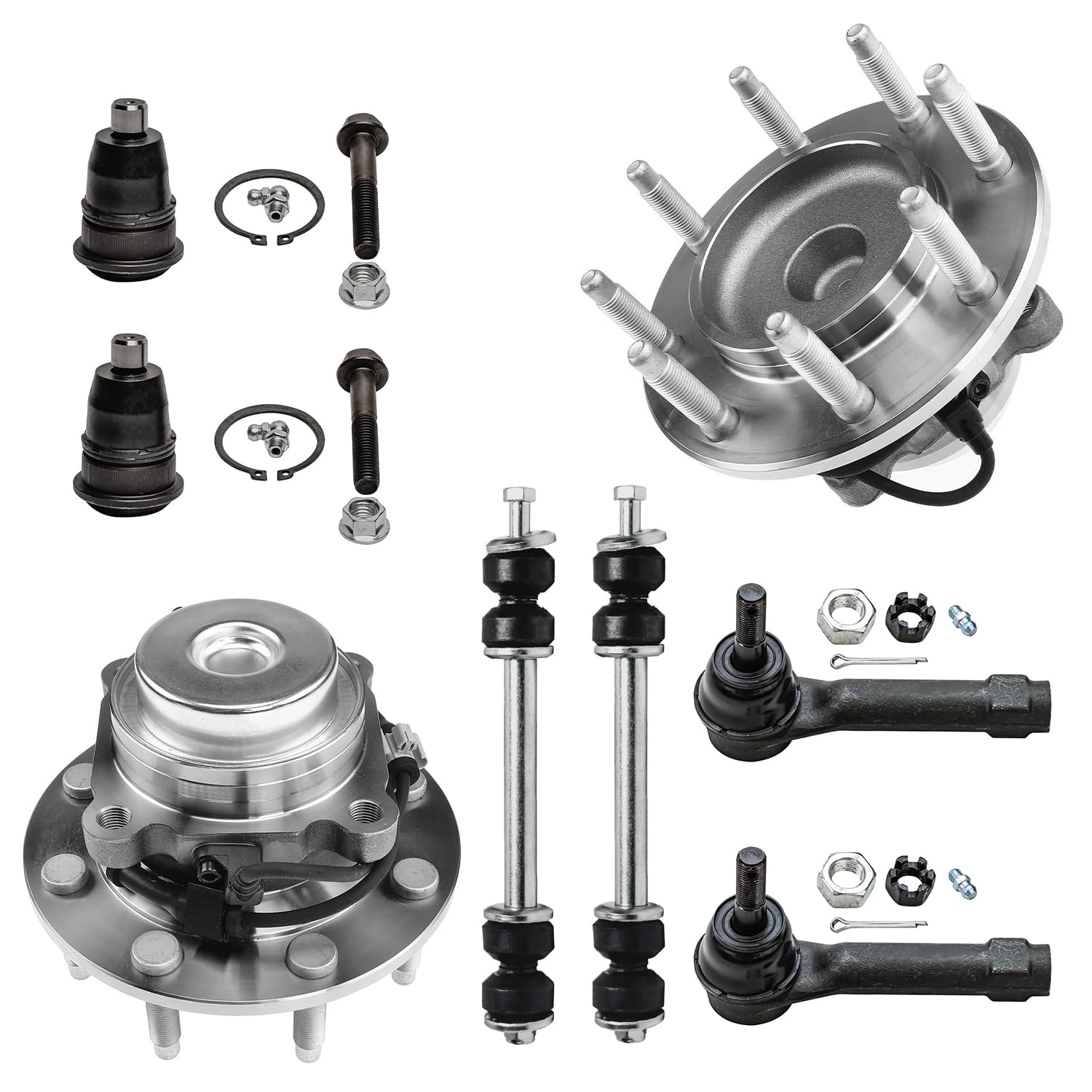 8pc Front Wheel Hub and Bearings Sway Bar Links Tie Rods Suspension Kit