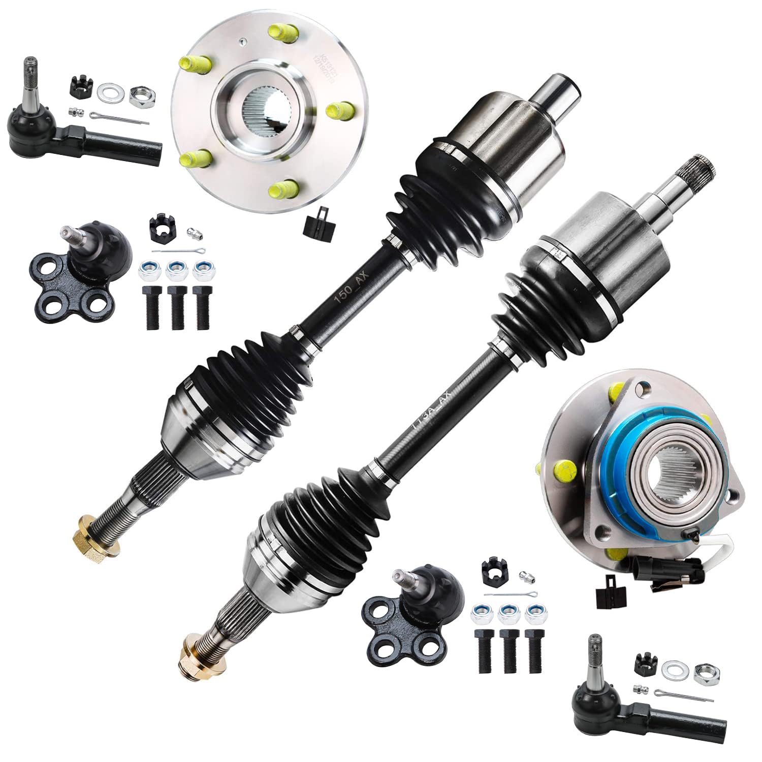 8pc Front CV Axles Wheel Hub and Bearings Tie Rods Ball Joints Suspension Kit