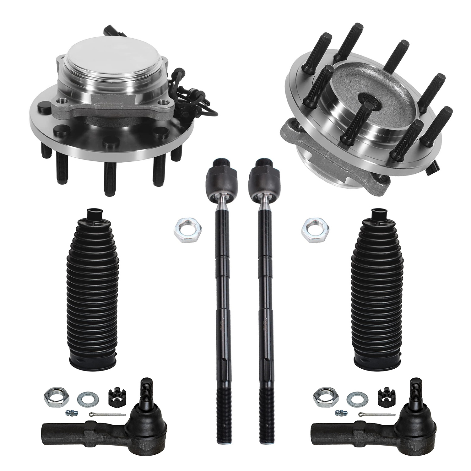 8pc Front Wheel Hub and Bearings Inner Outer Tie Rods Suspension Kit