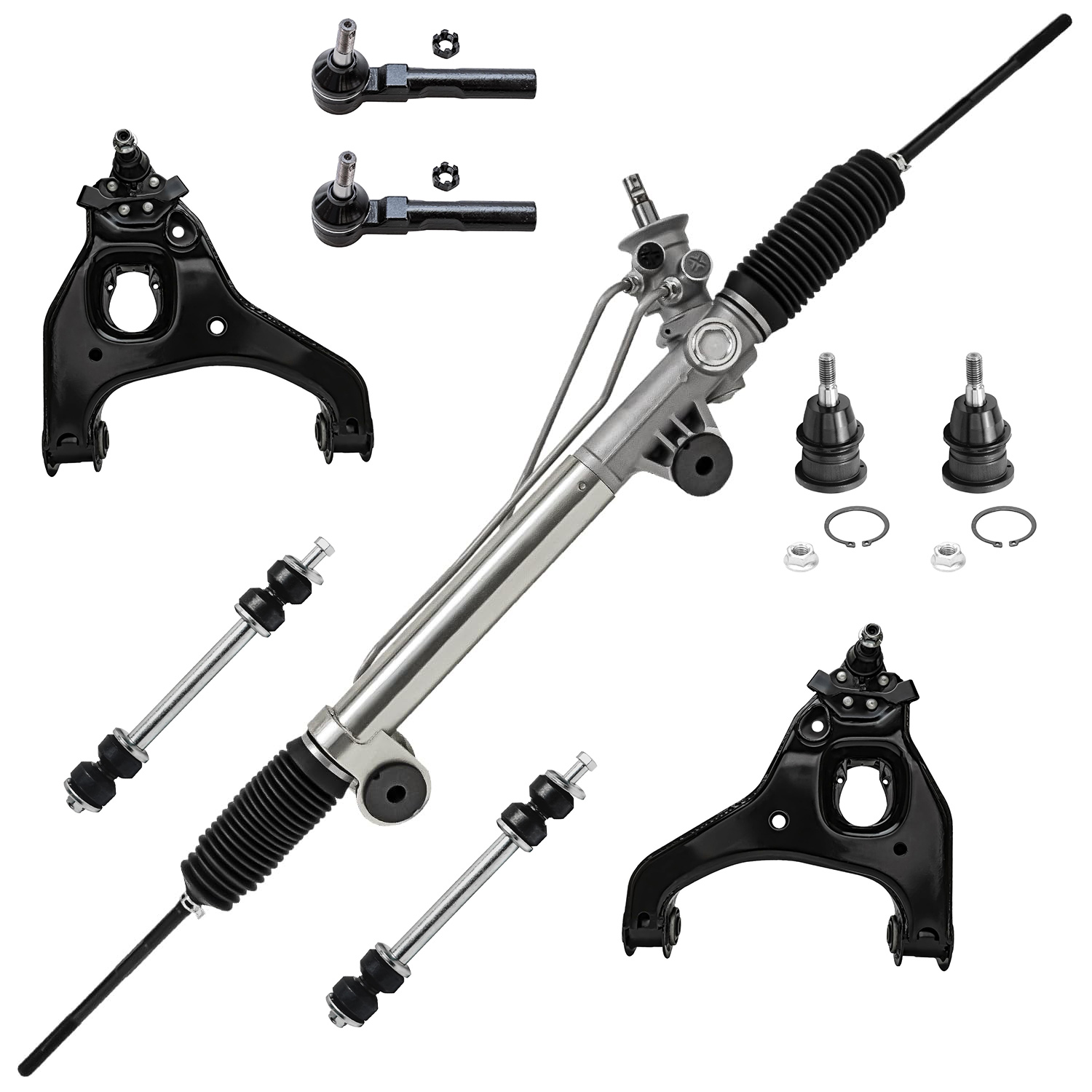 9pc Power Steering Rack and Pinion Lower Control Arms Suspension Kit