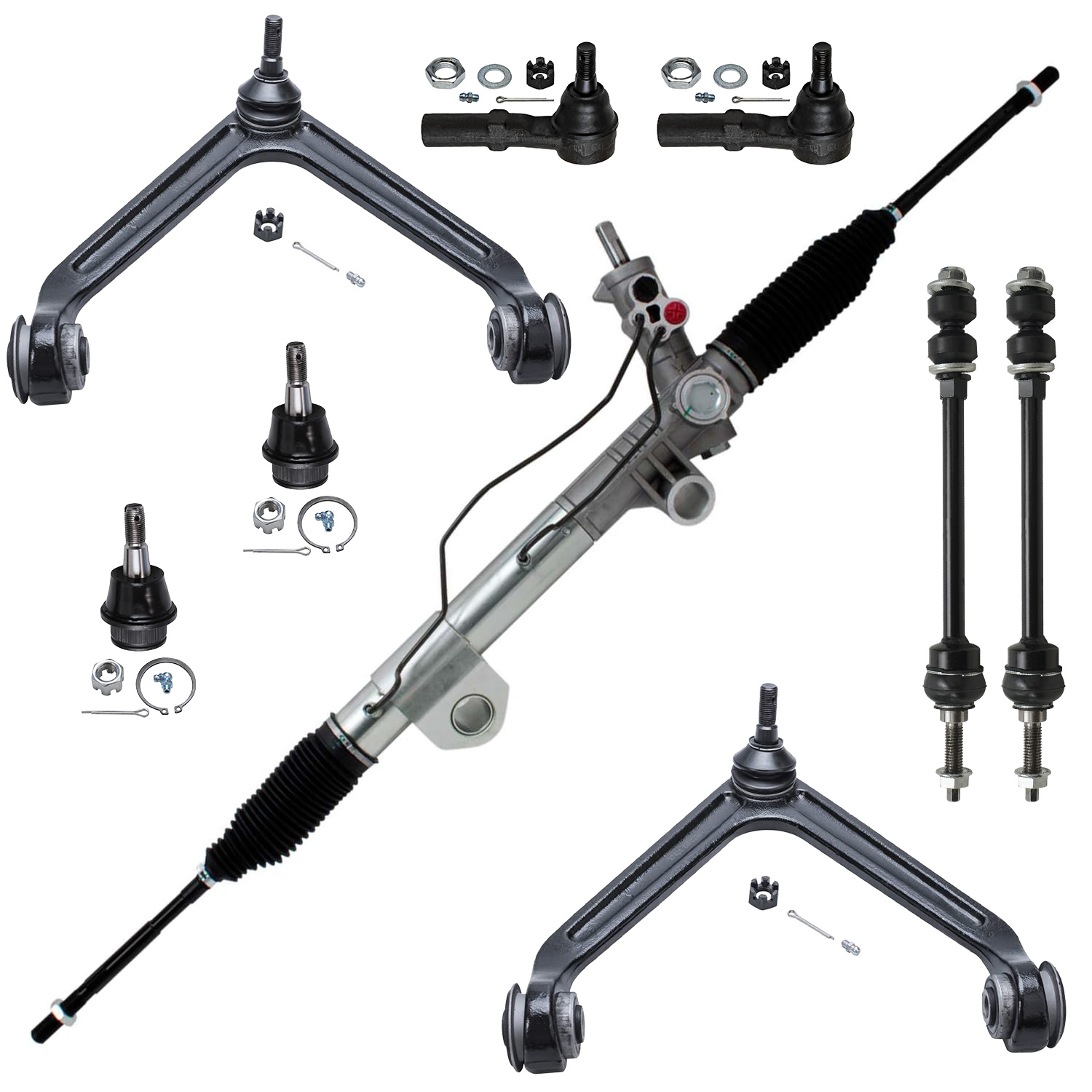 9pc Power Steering Rack and Pinion Upper Control Arms Tie Rods Suspension Kit