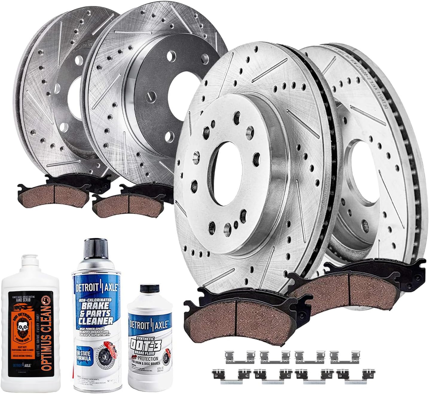 11pc Front & Rear Drilled Slotted Rotors and Ceramic Brake Pads with Hand Soap