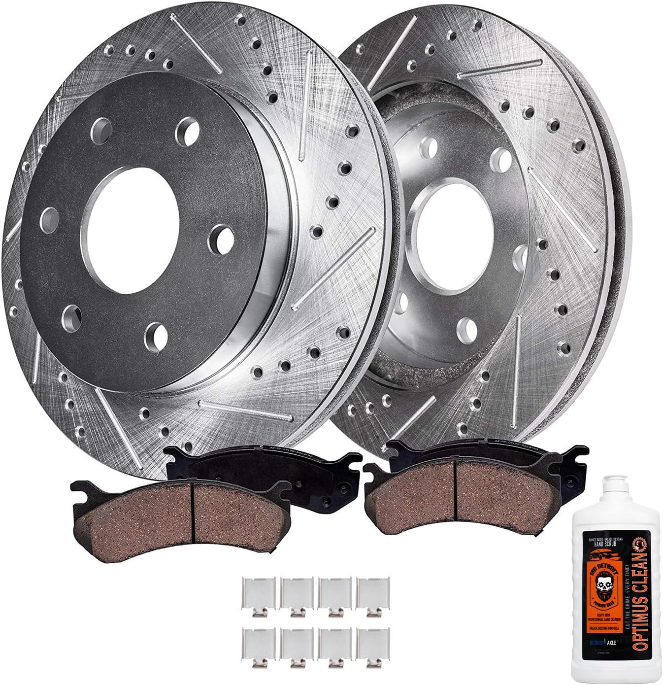 5pc Front Drilled Slotted Rotors and Ceramic Brake Pads with Hand Soap