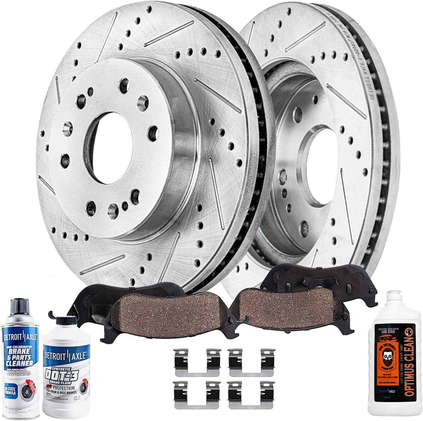 7pc Front Drilled Slotted Rotors and Ceramic Brake Pads with Hand Soap